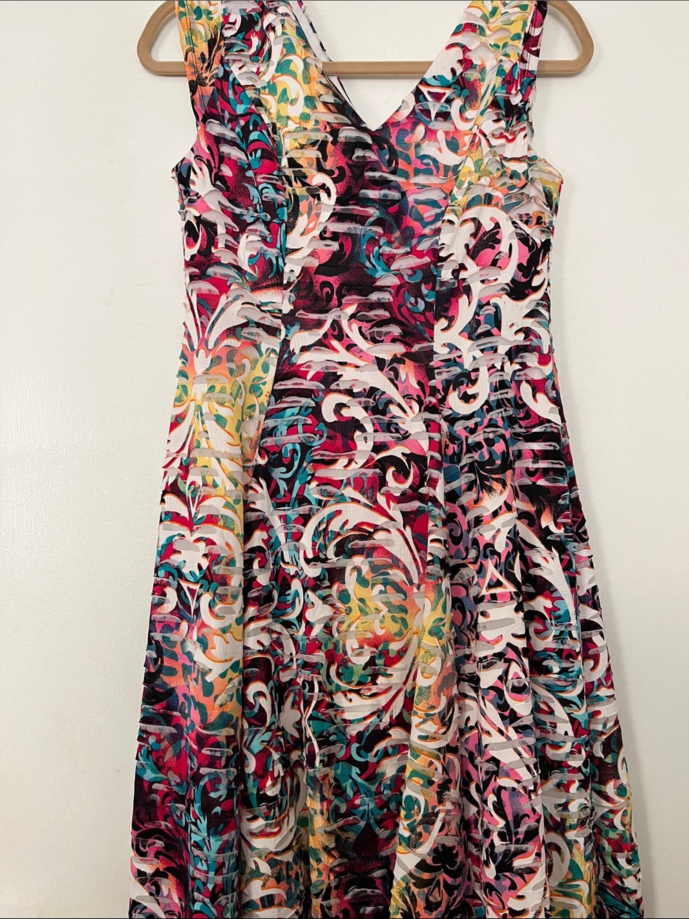 Robbie Bee Multicolor V-Neck A-Line Dress in Pink, Teal, Yellow, Black and White